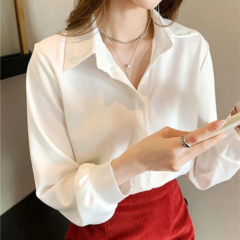 Elegant White Chiffon Blouse for Women  Spring Summer Loose Button Up Shirt Woman Office Three Quarter Sleeve Blouses