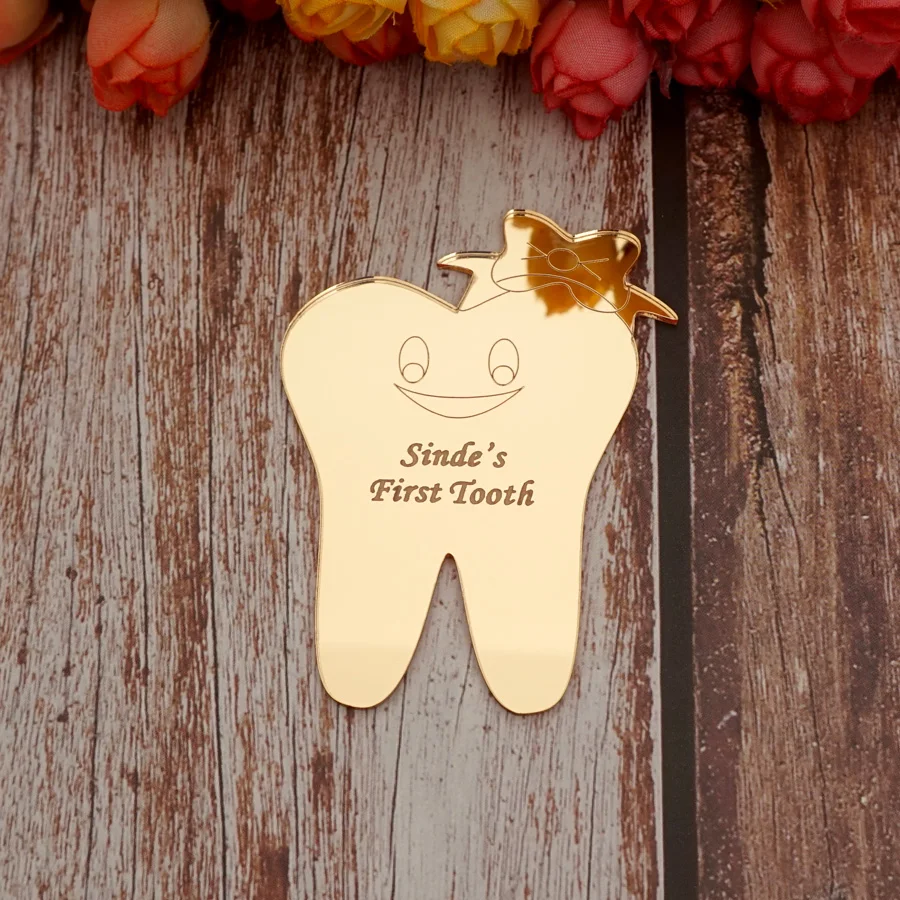 20pcs/Lot 8cm Acrylic Mirror Cute Teeth Shape Tags Baby's First Tooth Party Babyshower Guest Gifts Dentist's Office Decoration