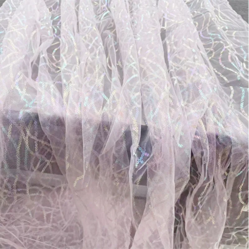 Tela de malla de arcoíris de rayas coloridas con lentejuelas de cadena de estampado en caliente, Material de nailon suave para proyectos de bricolaje de vestidos infantiles