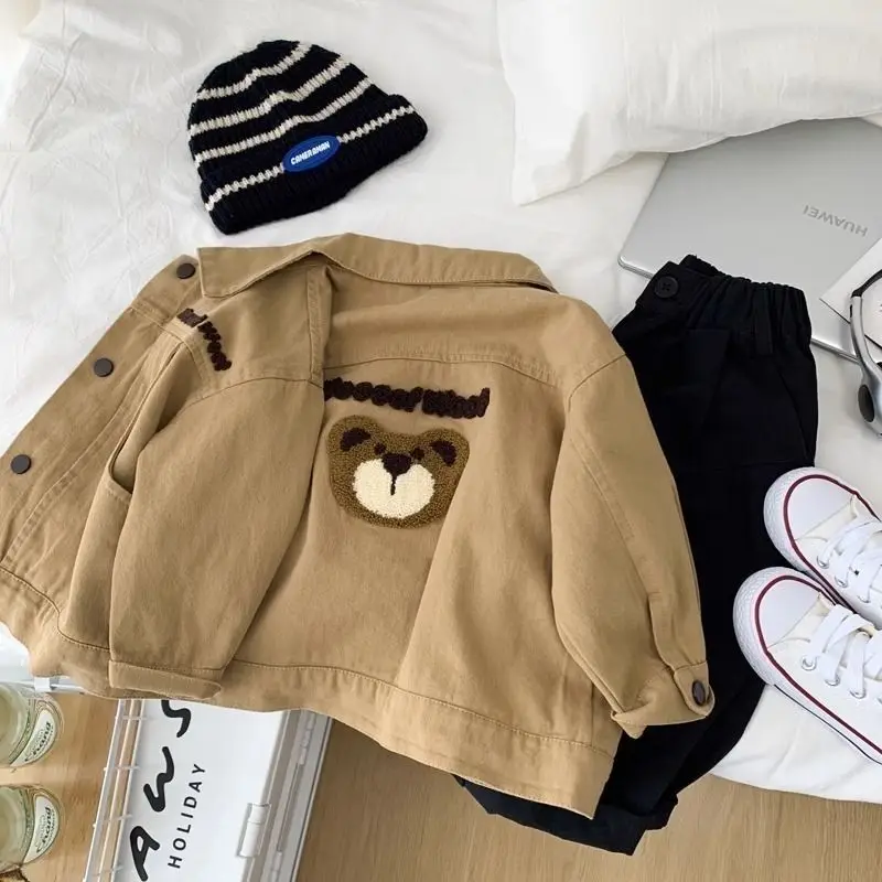 

1-8Y Boys Khaki Bear Jacket Coat for Children's Clothing 2025 New Baby Kids Casual Autumn Single-breasted Tops Outwear