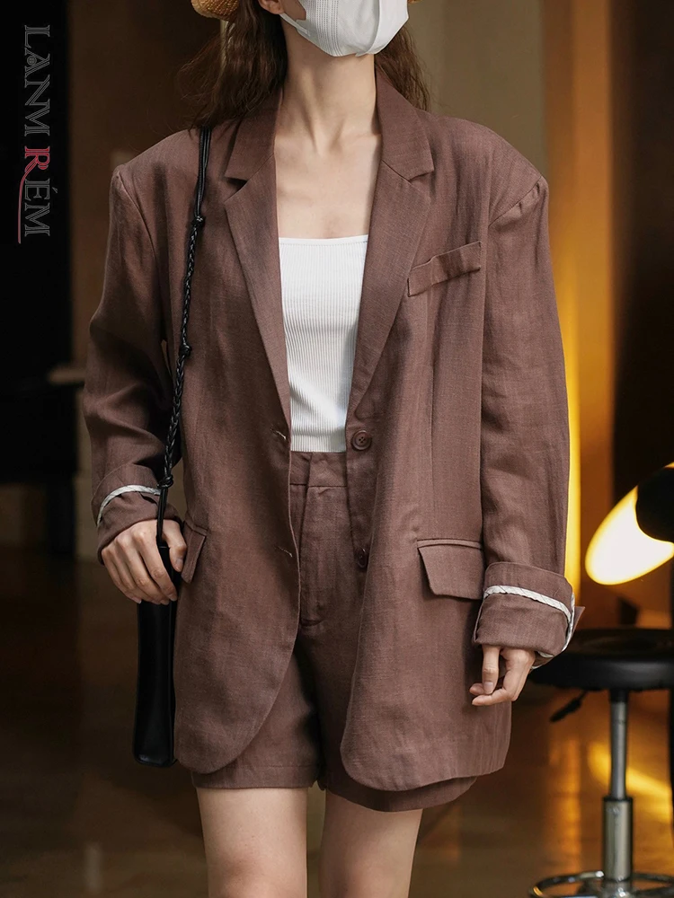 [LANMREM] Linen Sunscreen Loose Blazer For Women Notched Long Sleeve Vintage Jackets Fashion Female Coat 2024 Spring New 26D4109