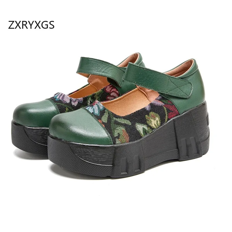 

ZXRYXGS 2026 New Chinese Style Retro Printing Top Layer Cowhide Leather Shoes Wedges Thick Sole High Heels Women's Fashion Shoes
