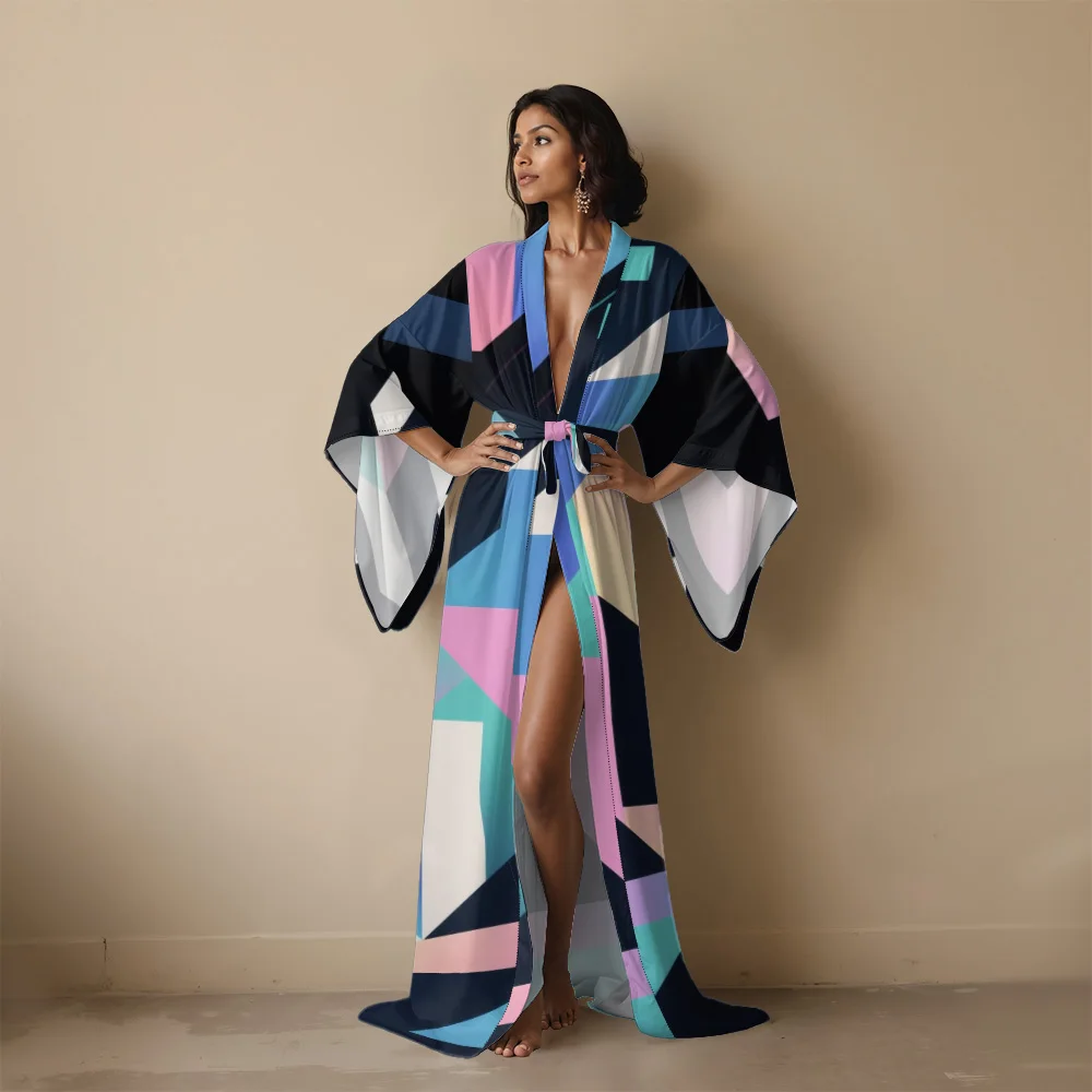 

Курортный халат кокосовой пальмы Шикарное кимоно в стиле бохо с розово-белым геометрическим узором Длинная открытая передняя одежда для отдыха и отдыха