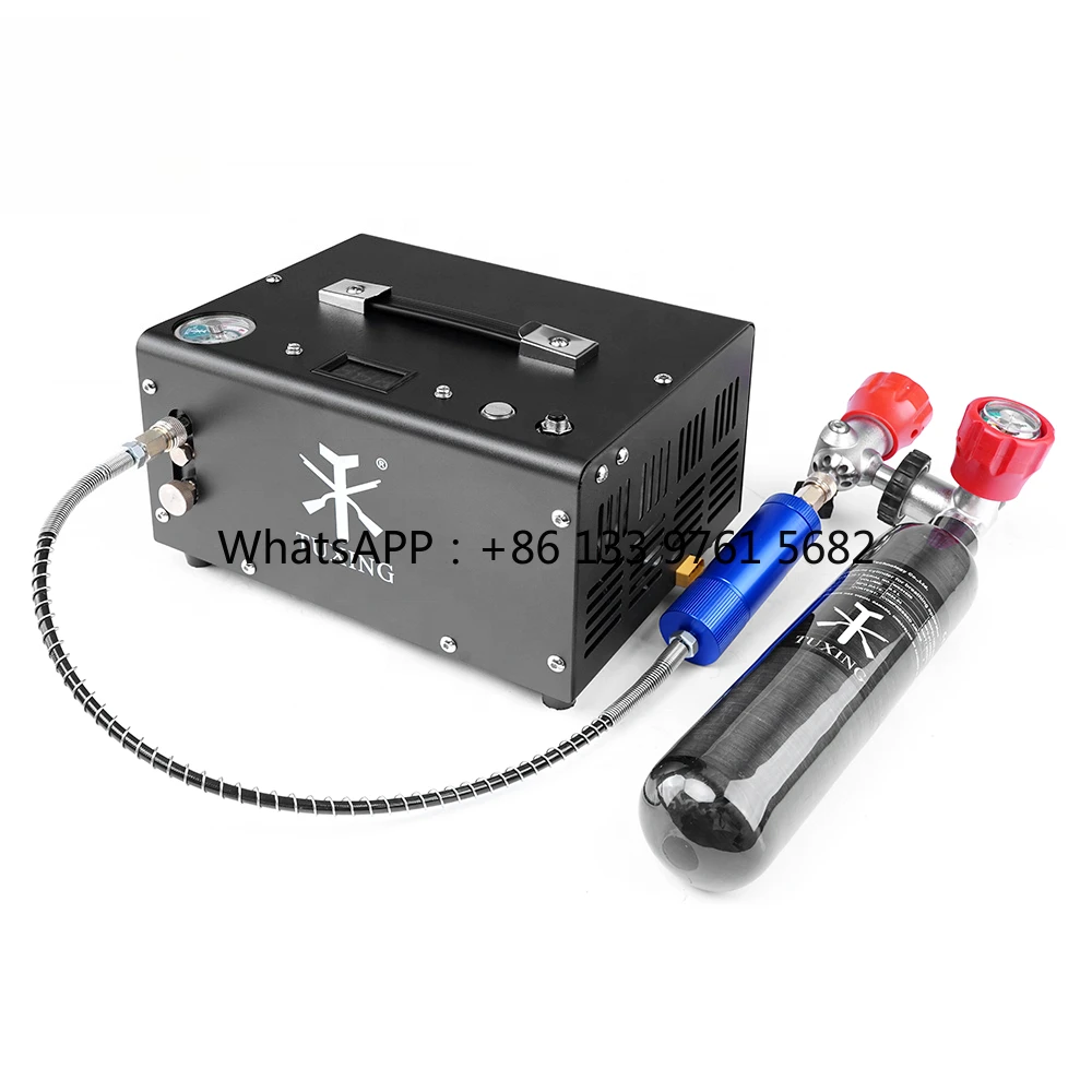 

TUXING Hot Selling Auto Stop Mini 12V DC Power Converter 110V 220V 4500psi 300bar Oil-Free Portable Paintball PCP Air Compressor