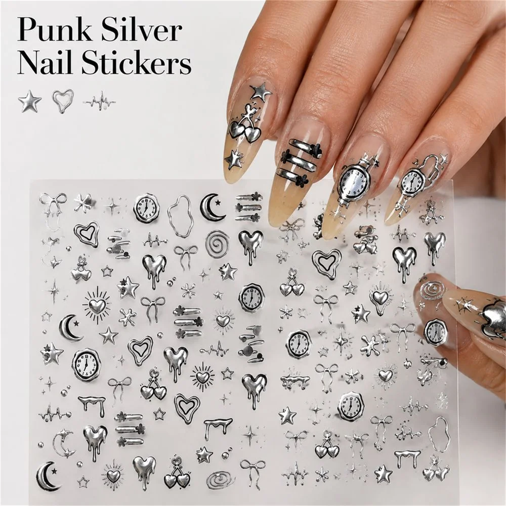 1Pc 5D Y2K Hot‑Silver Punk Nail Stickers Self‑Adhesive Gothic Melting Heart Clock Moon Bow Star Decals DIY Nail Art Accessories