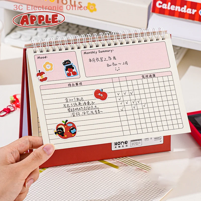 2026 Apple Kitten Calendário de mesa de desenho animado Planejador Decoração de mesa Organizador de papelaria escolar de escritório