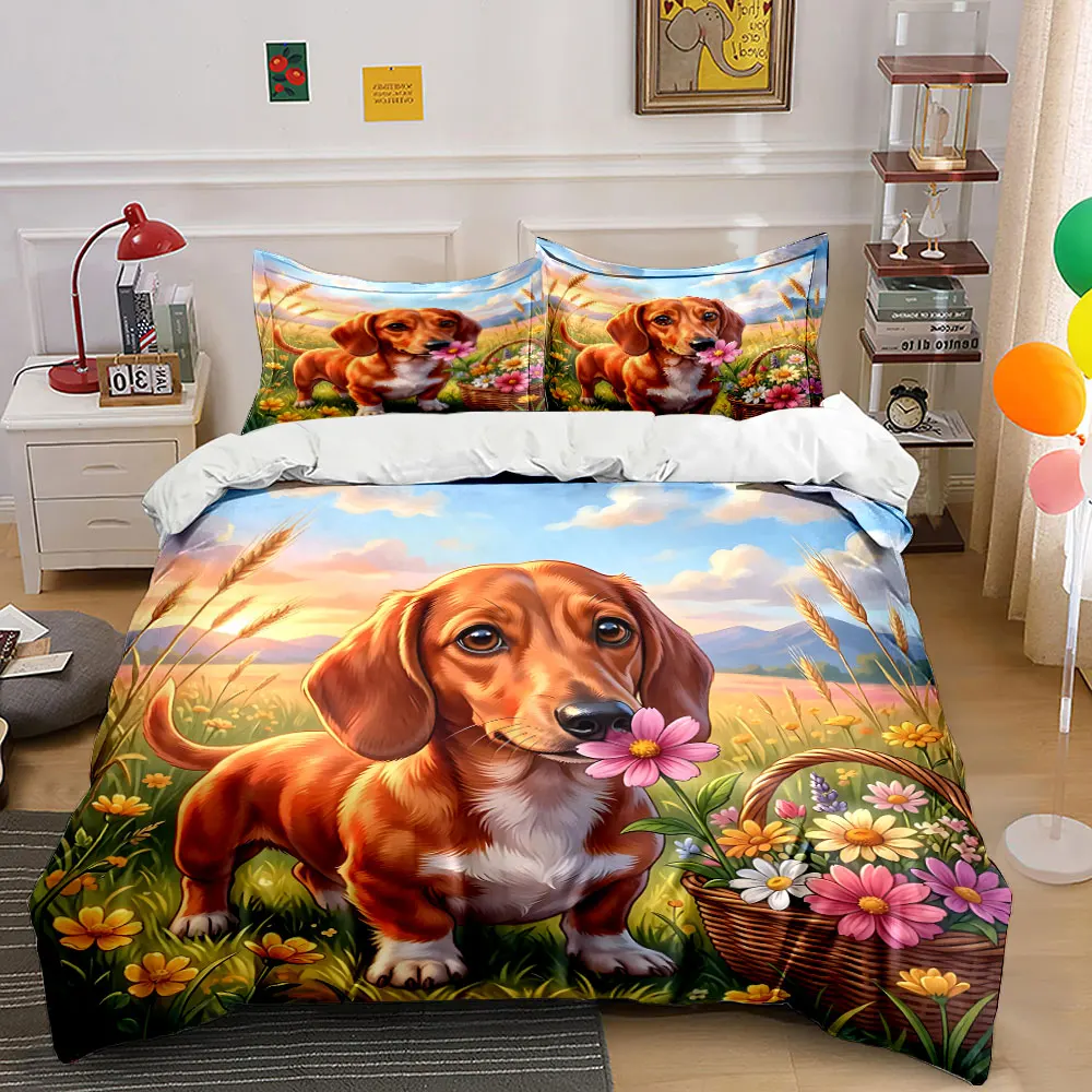 Cute Dog Illustration Floral Nature Print Bedding Set 1 Duvet Cover 2 Pillowcases for Adult and Children Luxury Gift Full Size