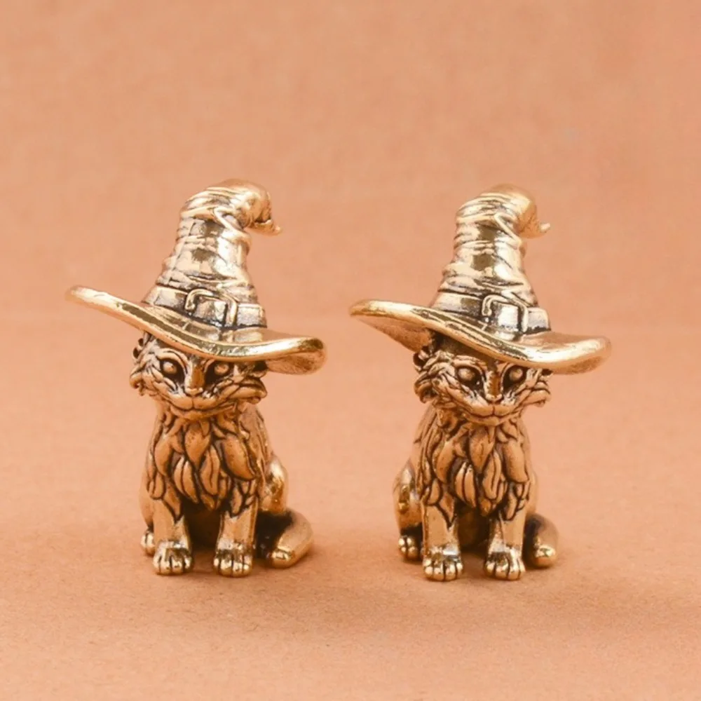 Niedliche Zauberer-Katze, kleine Statue, kreatives massives Messing, kindisches Tier, Kätzchen, Miniaturfigur, Ornamente, Retro-Heimdekorationen