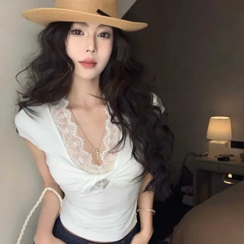

Women's White Short Sleeve V-Neck Lace Trim Twist Front Slim Fit Crop Top Casual Blouse