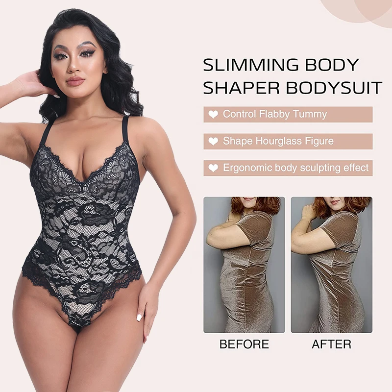 V-Neck Camisole Bodysuit Compression Body Shaper Women Lace Shapewear Slimming Waist Postpartum Corset Thong Underwear Plus Size