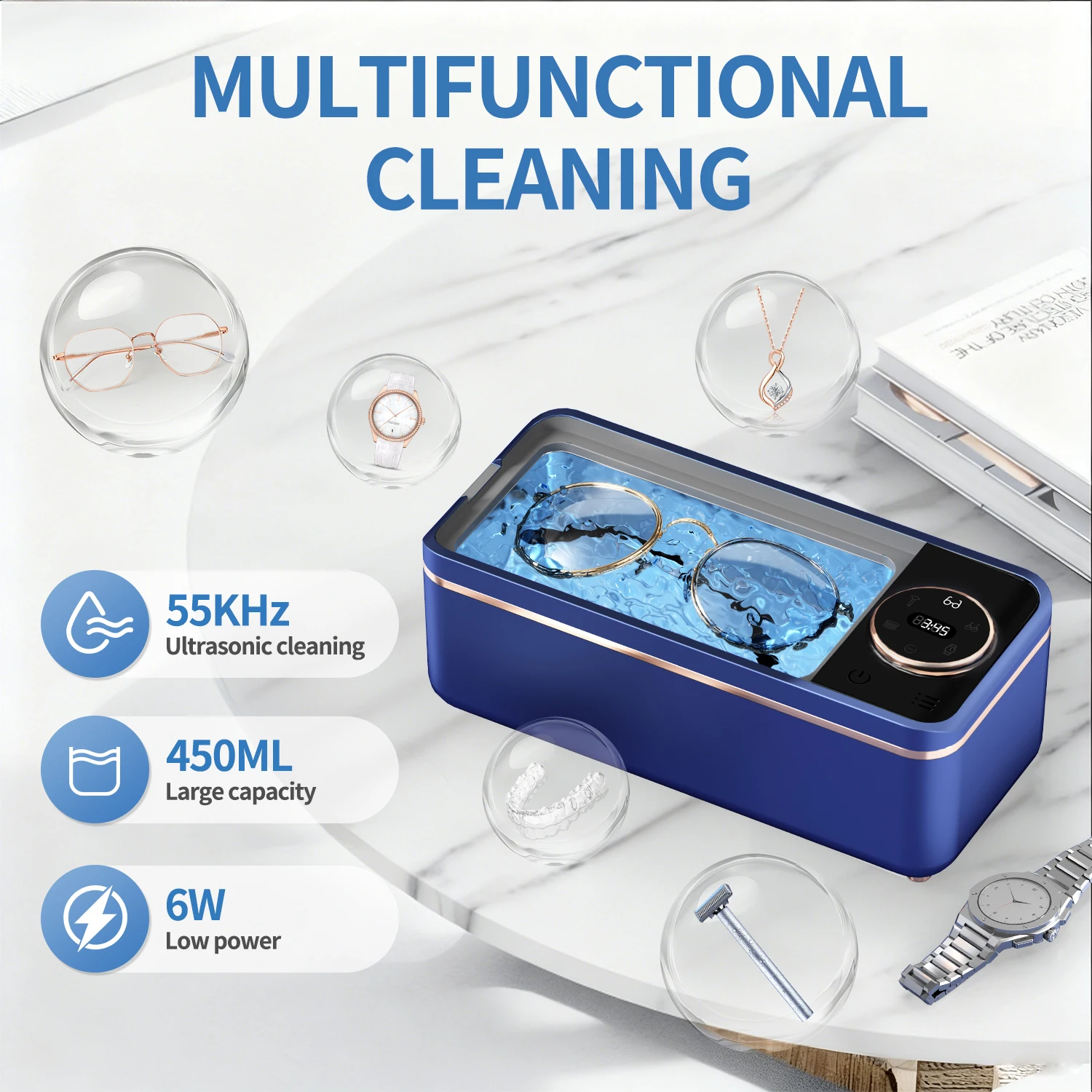 Ultrasonic frequency 55 KHZ, portable eyeglass cleaning machine, 6 modes with digital display and timer. An efficient tool based