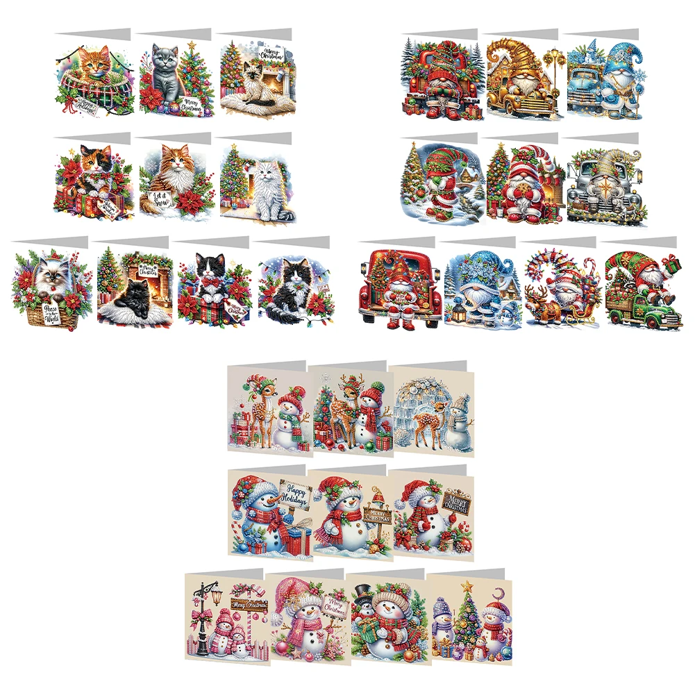 

10Pcs Merry Christmas Cats Rhinestone Painting Card Kit Diamond Painting Greeting Card for Family Friends Gift