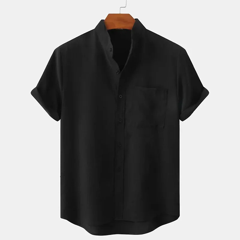 Summer New Men\'s Shirts Solid Color Hemp Short Sleeve Lapel Shirt Casual Plus Size Shirt Men\'s Wear