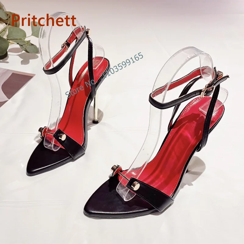 

Pointy Toe Metal Decoration Sandals Thin Heel Buckle Strap Slingback Women's Shoes Mixed Color Black Red Classical Summer Shoes