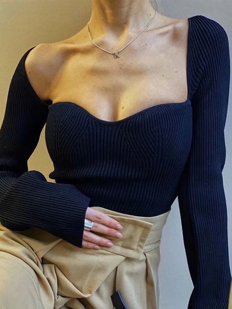 

Vintage Square Ne Long Sve Knit Top Korean Faion White Women's Vest Tank Summer Outfit Sli Retro Sle