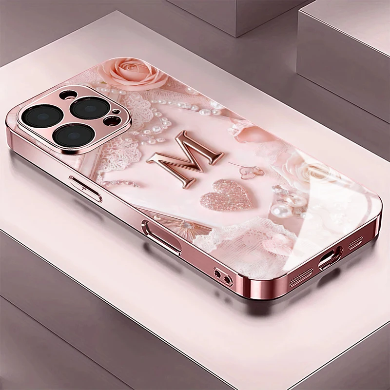 Чехол для телефона из закаленного стекла с сердечком и буквой M для iPhone 17, 11, 12, 13 Pro Max, 15, 14 Plus Pro Max, 16E, 17 Air, защитный чехол