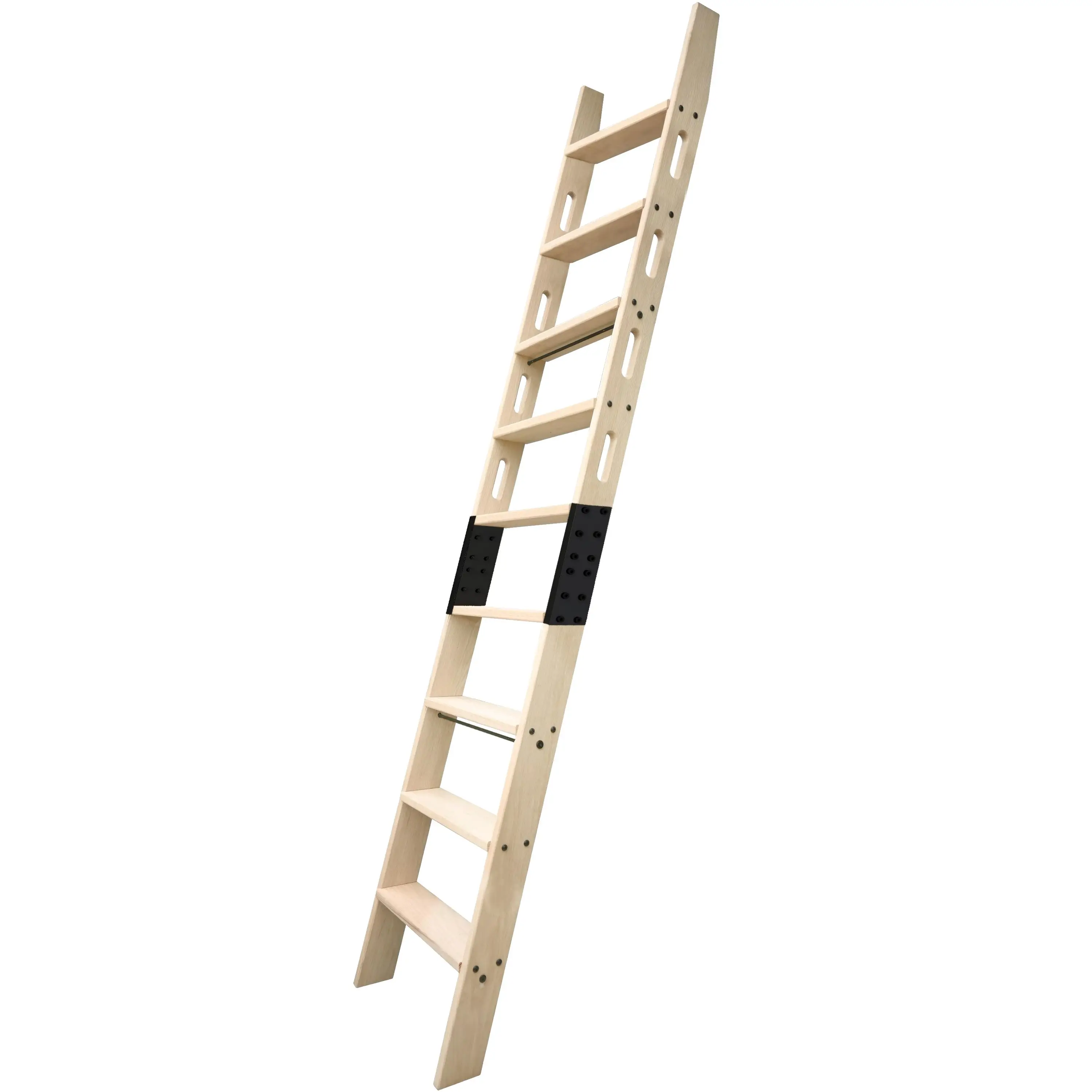Natural Knotty Pine Wood Sliding Library Durable Step Ladder Rolling Ladder