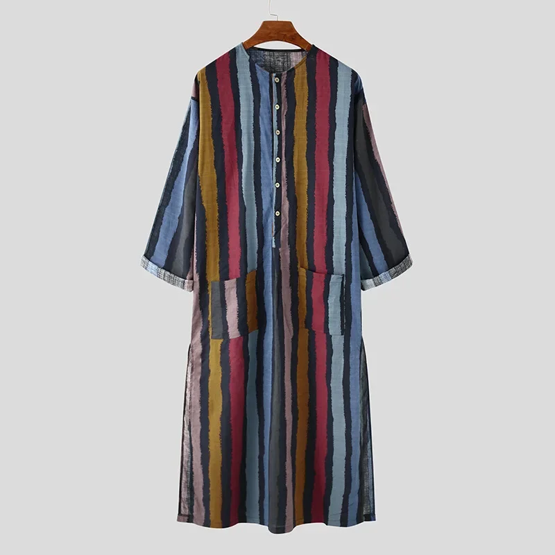 Men Long Shirts Muslim Striped Robe Arabic Islamic Kurtas Moroccan Dress Casual Cotton Tunics Male Abayas Ropa Islamica Hombre