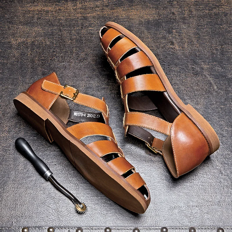 Businessman Cowhide Woven Summer Leather Sandals Men\'s Roman Buckle Strap Fisherman Breathable High-end Beach Shoes