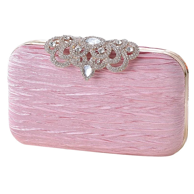 Sweet Girls Prom Party Pleated Silk Purse Crown Set Diamond Pink Clutch Bag Solid Color Evening Bags Rhinestone Marriage Handbag