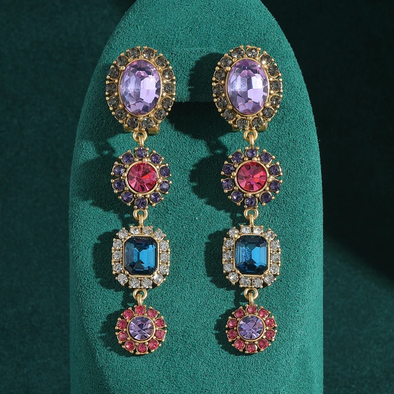 

Vintage Colored Crystal Four Section Drop Earrings Luxury Antique Art Deco Gold Color Jewelry Brand High Quality Gift Wedding