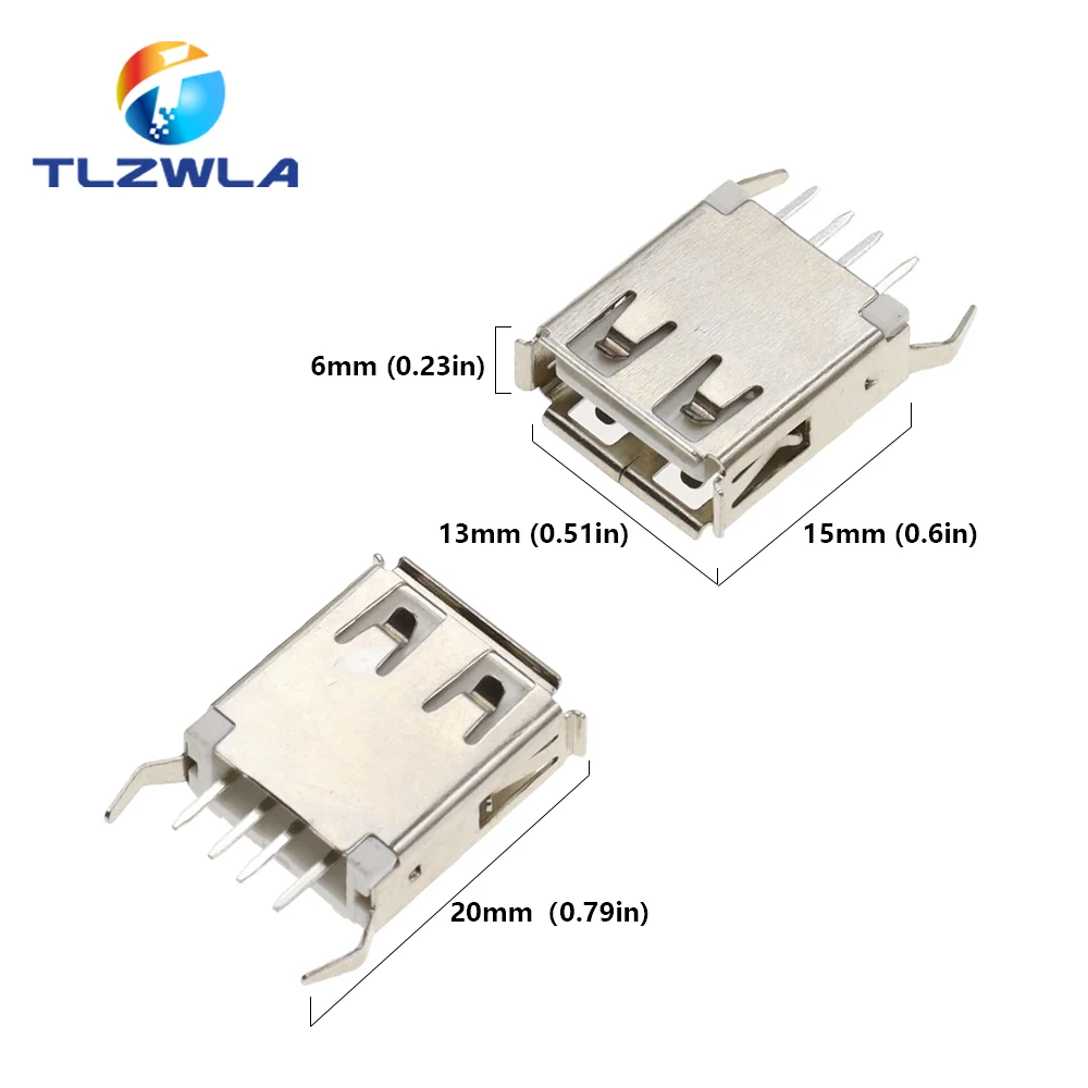 10PCS USB Type A Female Socket 180 Degrees Vertical 4Pin USB Interface Sides Of the Curved Needle