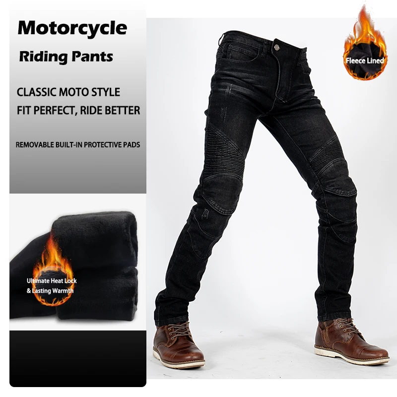 Unisex Fleece Lined Motorcycle Riding Jeans Autumn Winter Windproof Warmth Lock Riding Pants with Built-in for Ultimate Comfort