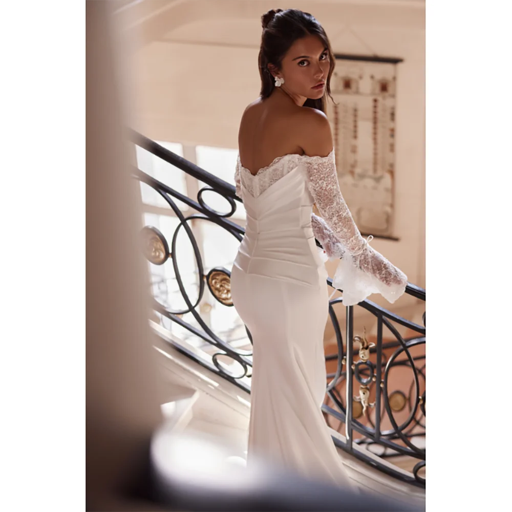 Robe de mariée sirène personnalisée, épaules dénudées, dentelle, manches longues, robes de mariée simples, fermeture éclair au dos, traîne de balayage, 2025