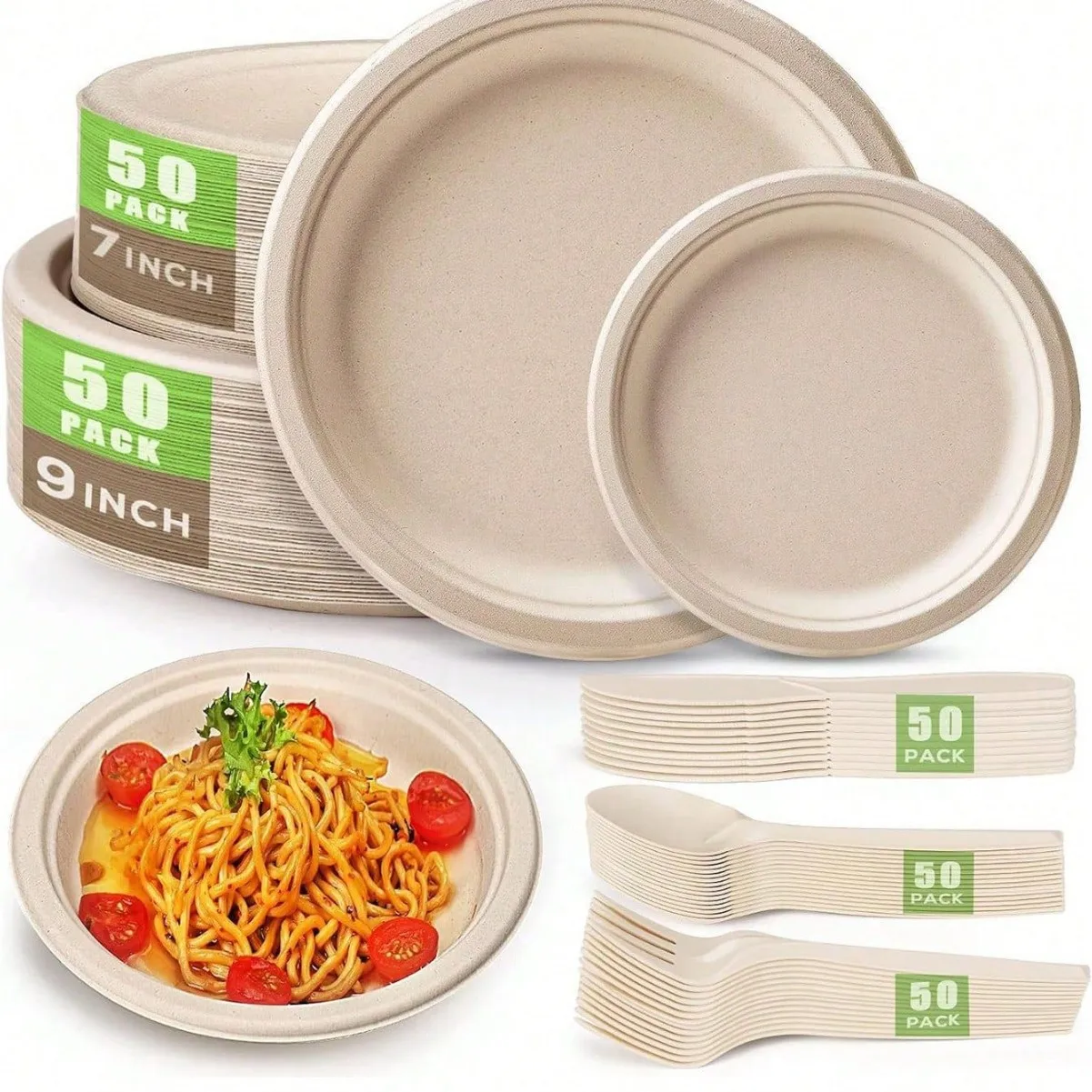 

50 Count 9“ Heavy-duty Compostable Plates, Unbleached Biodegradable Bagasse and Bamboo fiber Paper Plates