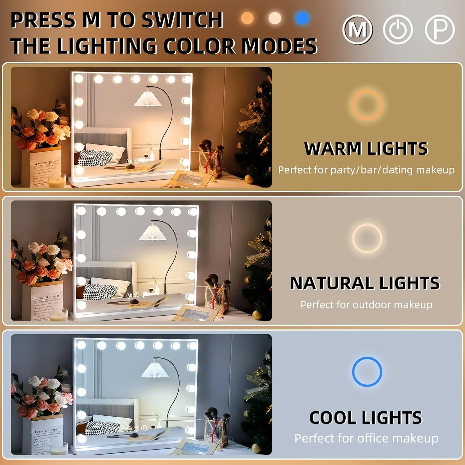 مرآة مكياج مضاءة من هوليوود مع 15 مصباح LED، و3 أوضاع ألوان، ومنفذ شحن USB، وحجم كبير للمكتب أو الحائط