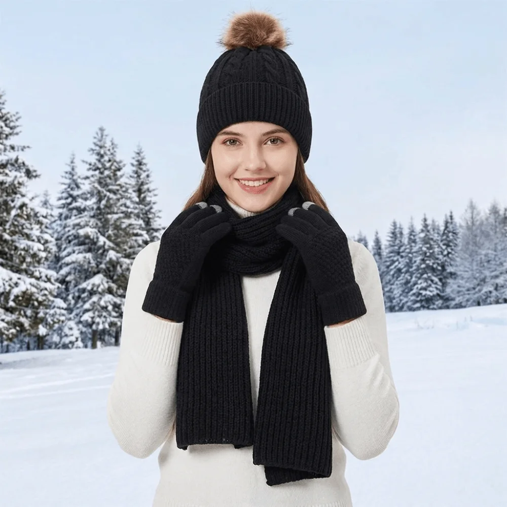 3Pcs/Set Beanies Cap Cold Proof Scarf Hat Gloves Set Touch Screen Elastic Woolen Hat Thickened Warmer Mittens Pullover Cap Men