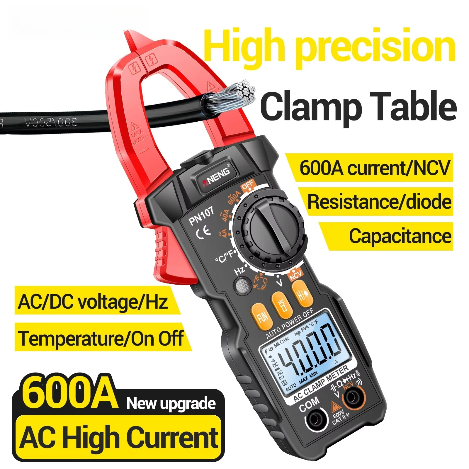 PN107 Professional Electrician Tools 4000 Counts Digital Clamp Meter 600A AC Current Tester NCV Capacitance Capacitance