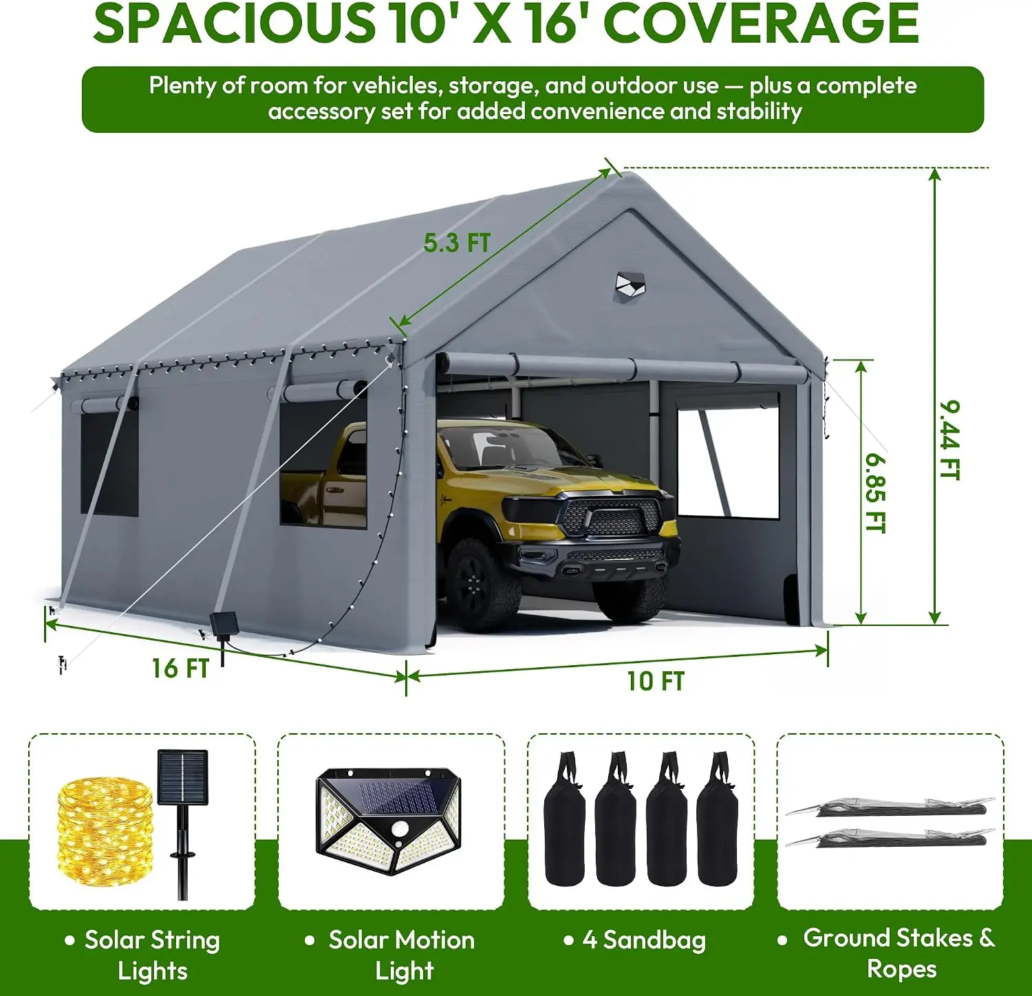 10x16FT Heavy Duty Carport Canopy,Extra Large Portable Car Tent Garage with Roll-up Windows and All-Season Tarp Cover,Removable
