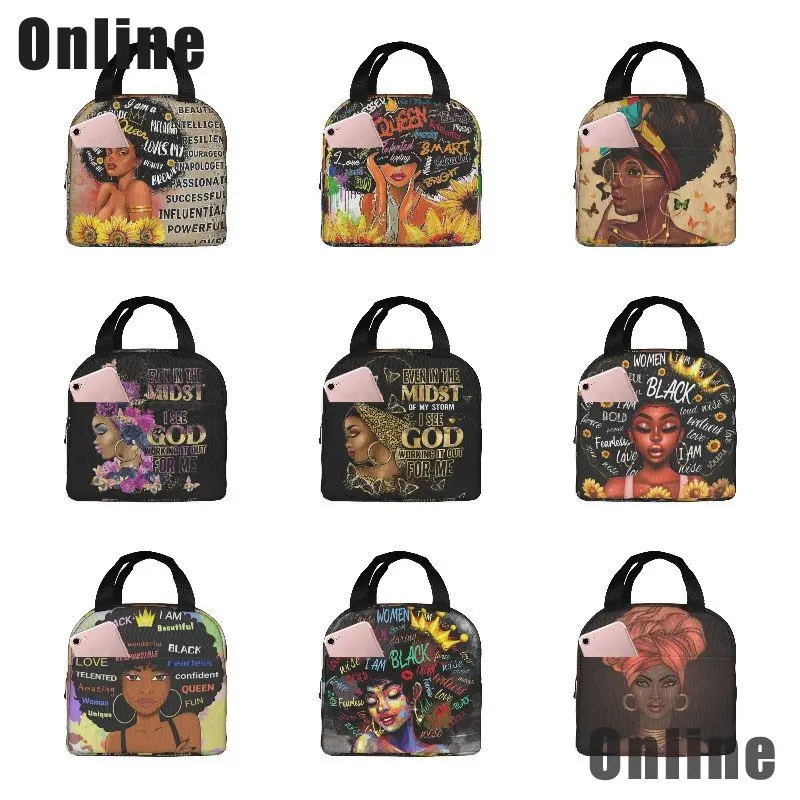 African American Black Girl Lunch Bag Compact Tote Bag Reusable Lunch Box Container For Women Men School Office Work