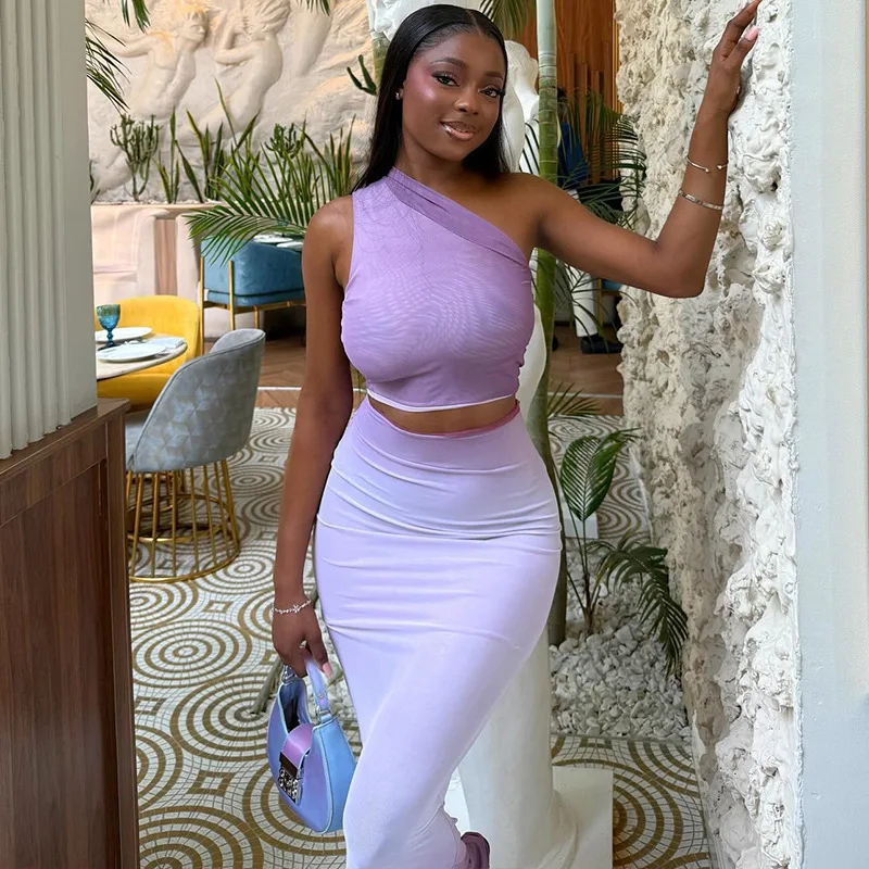 Fresh And Stylish Women's Clothing, Cropped Bodycon Gradient Color Skirt Set, Asymmetrical Neckline, Semi-transparent Long Skirt