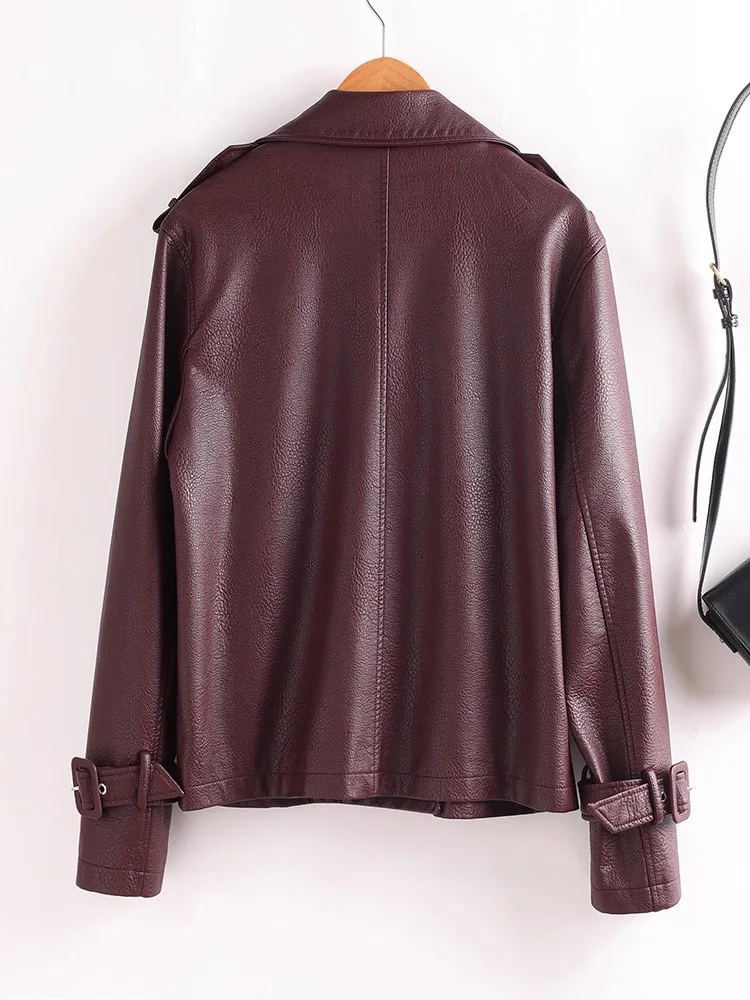 New Women Split Leather Jacket Spring Autumn Fashion Double Breasted Loose Short Trench Coat Casual Leather Jacket Female
