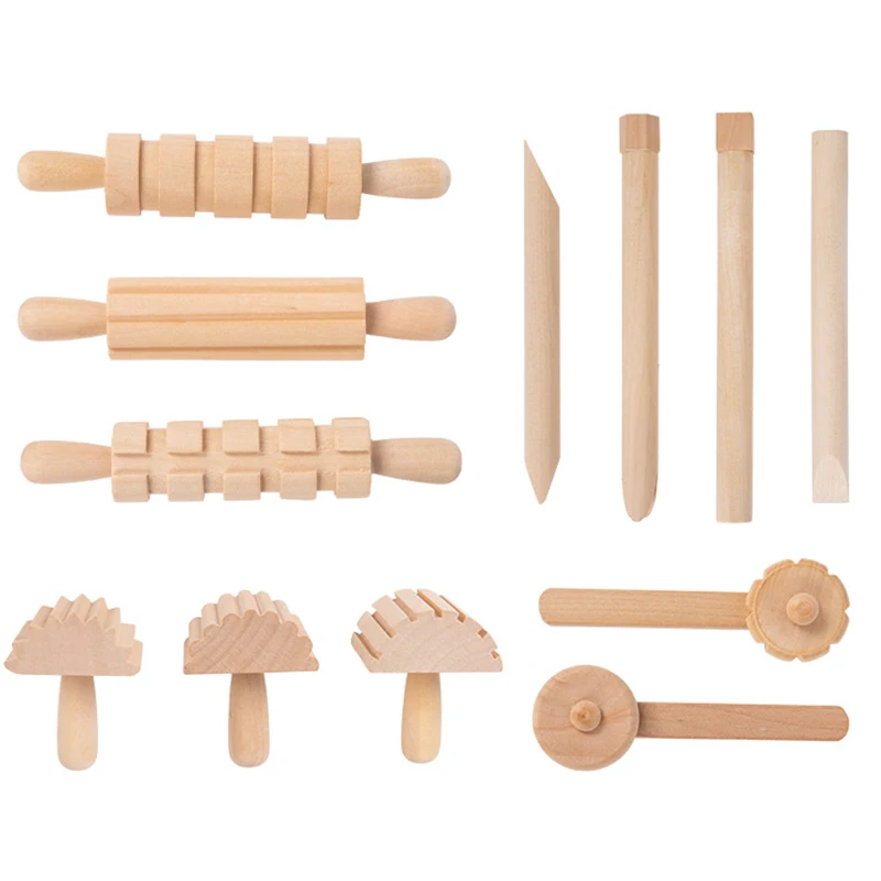 Children Kitchen Play Set Plasticine Accessory DIY Slime Play Dough Wooden Tools Roller Stamp Rolling Pin Spoon Pretend Utensils