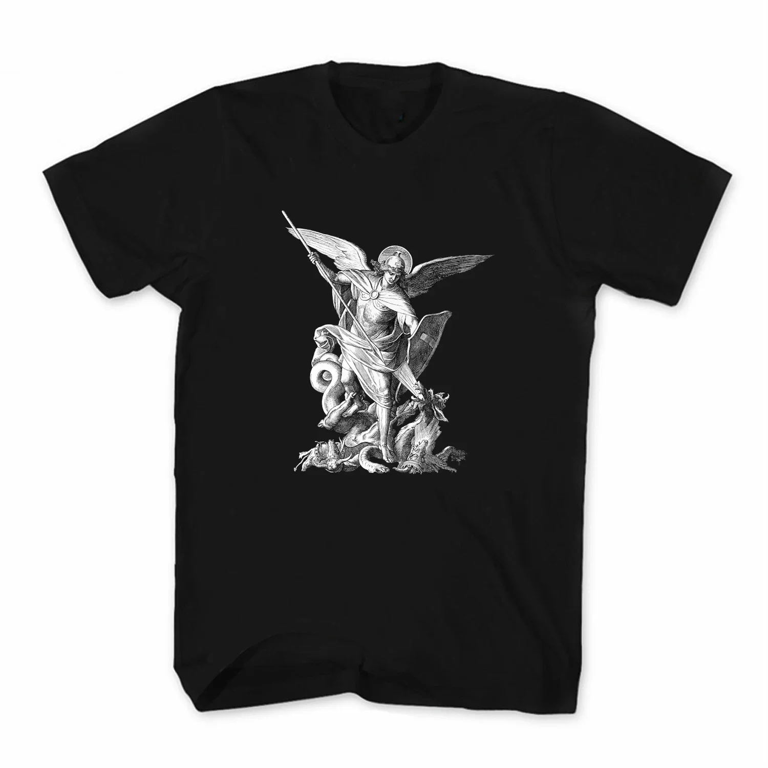 

Saint Michael The Archangel Defeating The Dragon Sketch Painting Art T-Shirt Premium Cotton Short Sleeve O-Neck Mens T Shirt New