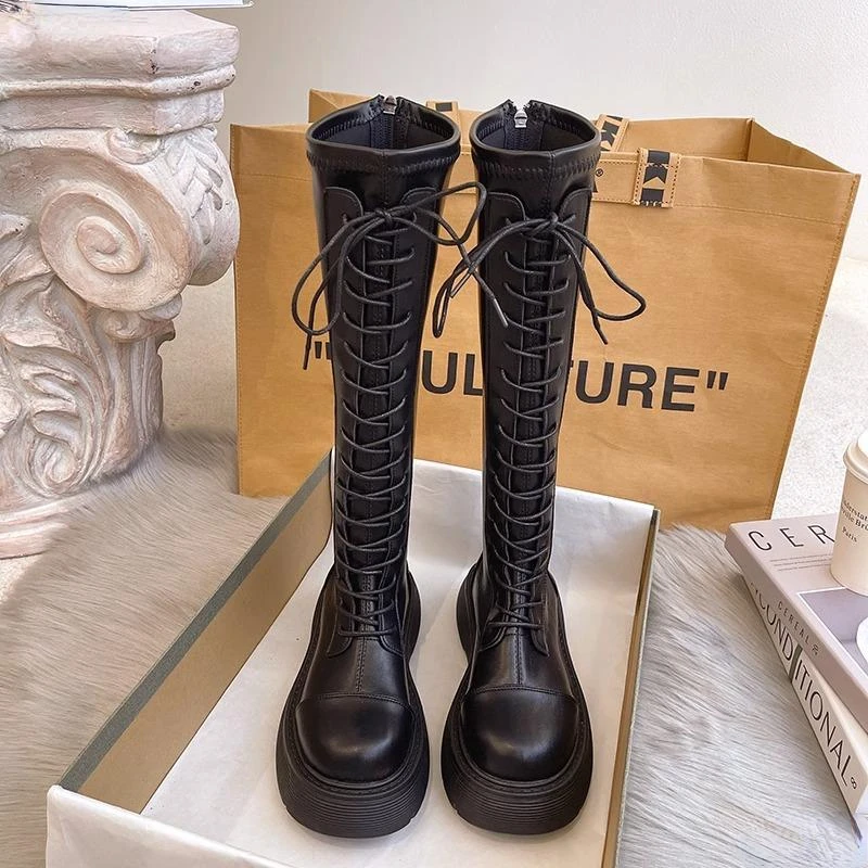 2024 Lucury White Black Platform Woman Women\'s Mid Calf Boots Padded Shoes Knee High Winter Sneakers Punk Style Military Casual