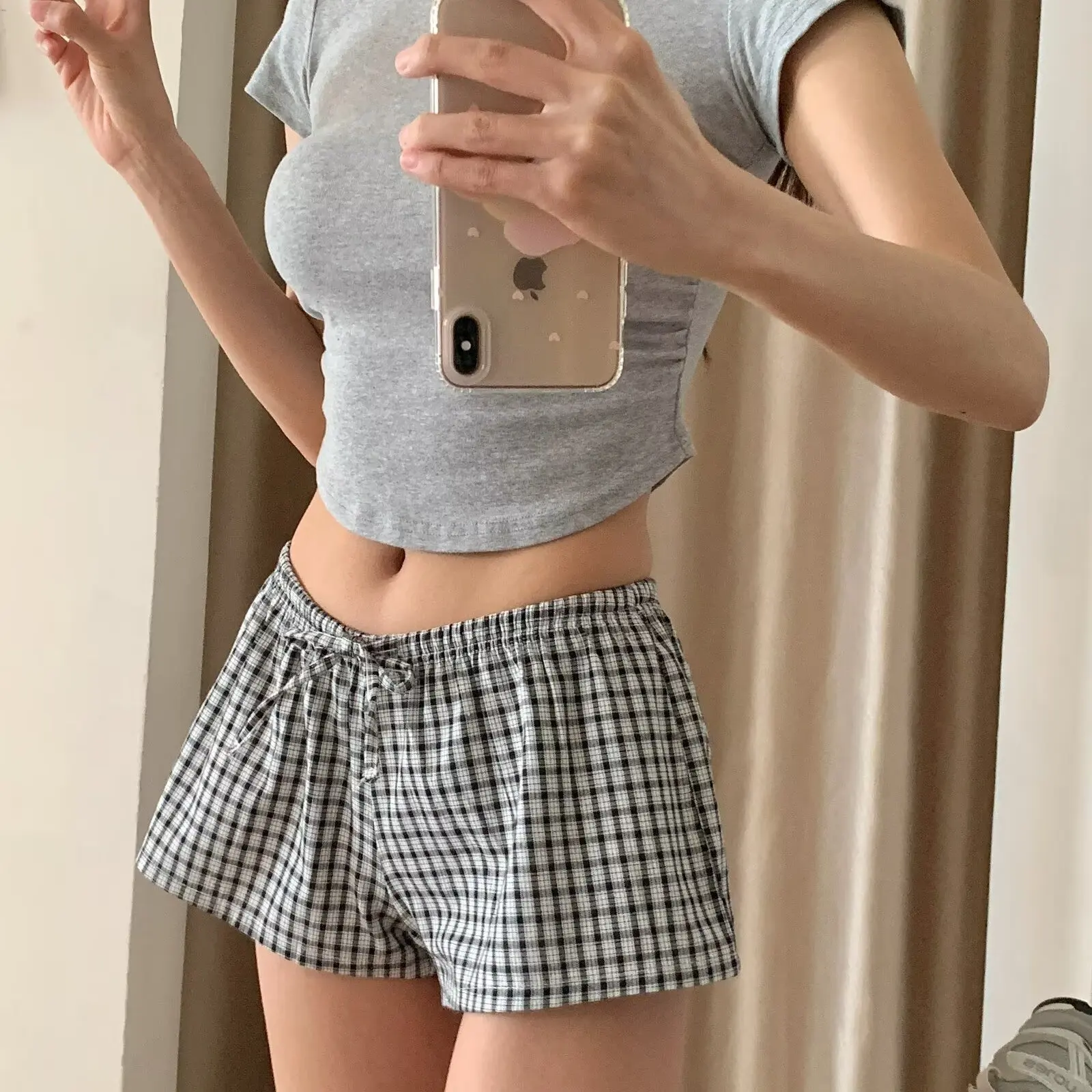 American Sle Plaid Elastico in vita Dstring orts Pantaloni da casa casual versatili estivi da donna Dritto Sottile Gamba larga Hot...