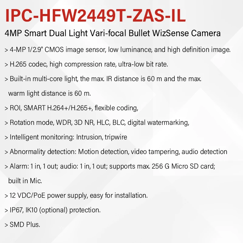 Dahua Full Color Vari-focal IP Camera Warm Light&IR 60m Built-in MIC Smart Human Detection PoE IPC-HFW2449T-ZAS-IL HFW2849T-ZAS