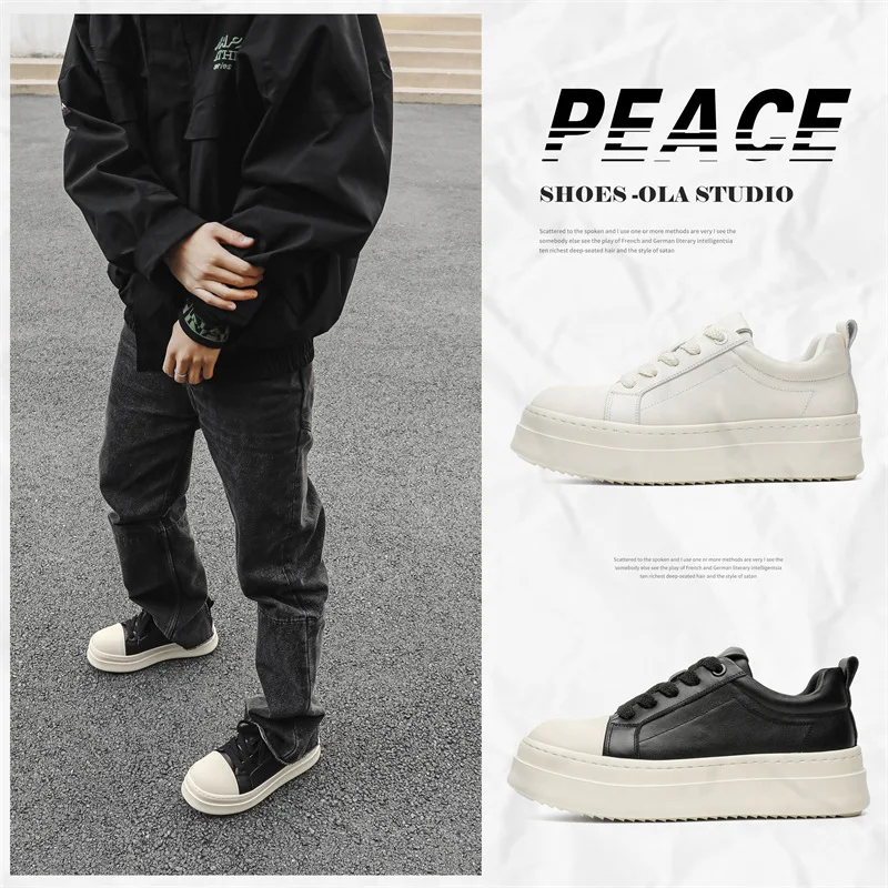 2026 New Model Men's Thick-Soled Shoes with Raised Toe in Top-Grade Cowhide, Height-Increasing Casual Sneakers, Versatile Low-Top Sports Shoes