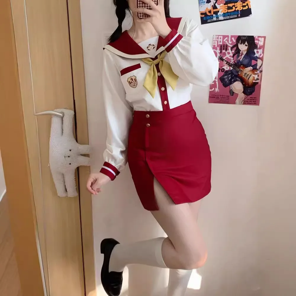 Red White JK Uniform Summer Long Sleeve Japanese School Uniforms Girls Sailor Sets Pleated Skirt JK Uniform Cos School Skirt