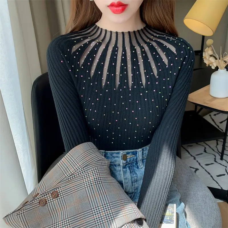 2026 Ropa Mujer Temperament Sweater For Women Fall Winter Clothing Patchwork Lace Jumper Diamond Tunic Knitted Pullovers Tops