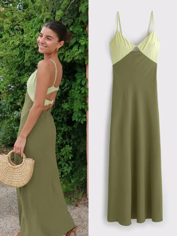 

Women Casual Patchwork Sling Dresses Chic Backless Off Shoulder Hollow Out Slim Fit High Waist Long Robe New Summer Streetwear