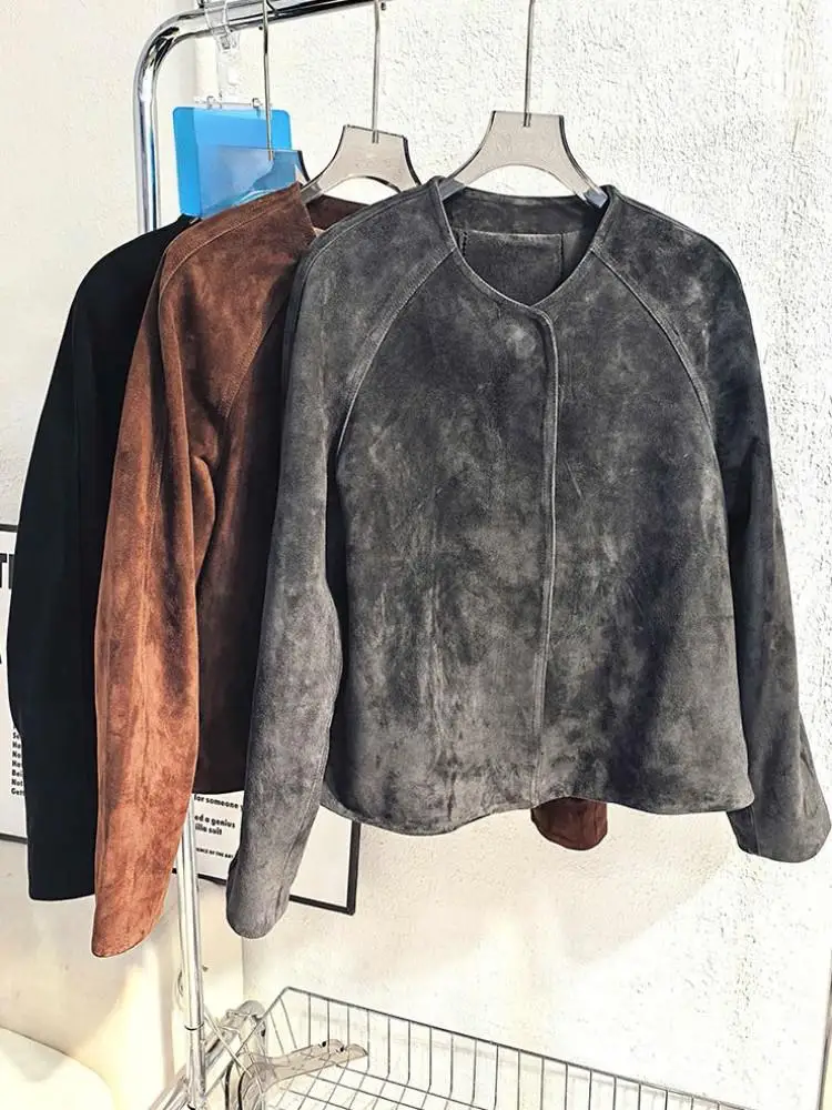 Büro Damen Einfarbig Echtes Leder Kurze Jacke Top Qualität Schlank Rundhals Freizeit Lange Ärmel Schaffell Oberbekleidung