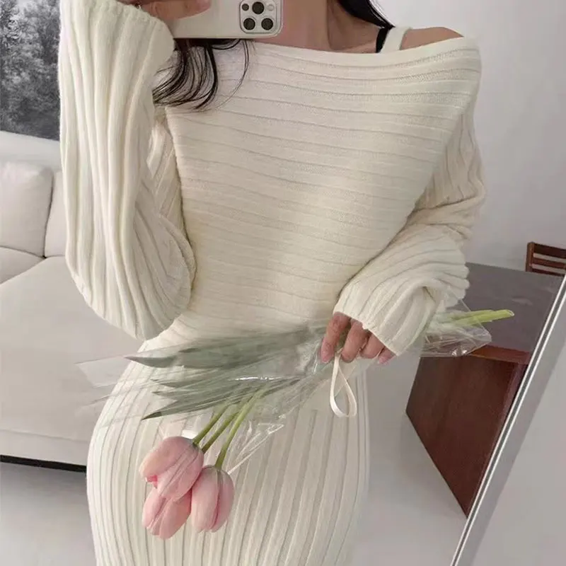 

Two Piece Set Women Clothes Elegant Sweater Dress Set Woman Winter Thick Knitted Solid Apricot Spaghetti Strap + Sweaters Jumper