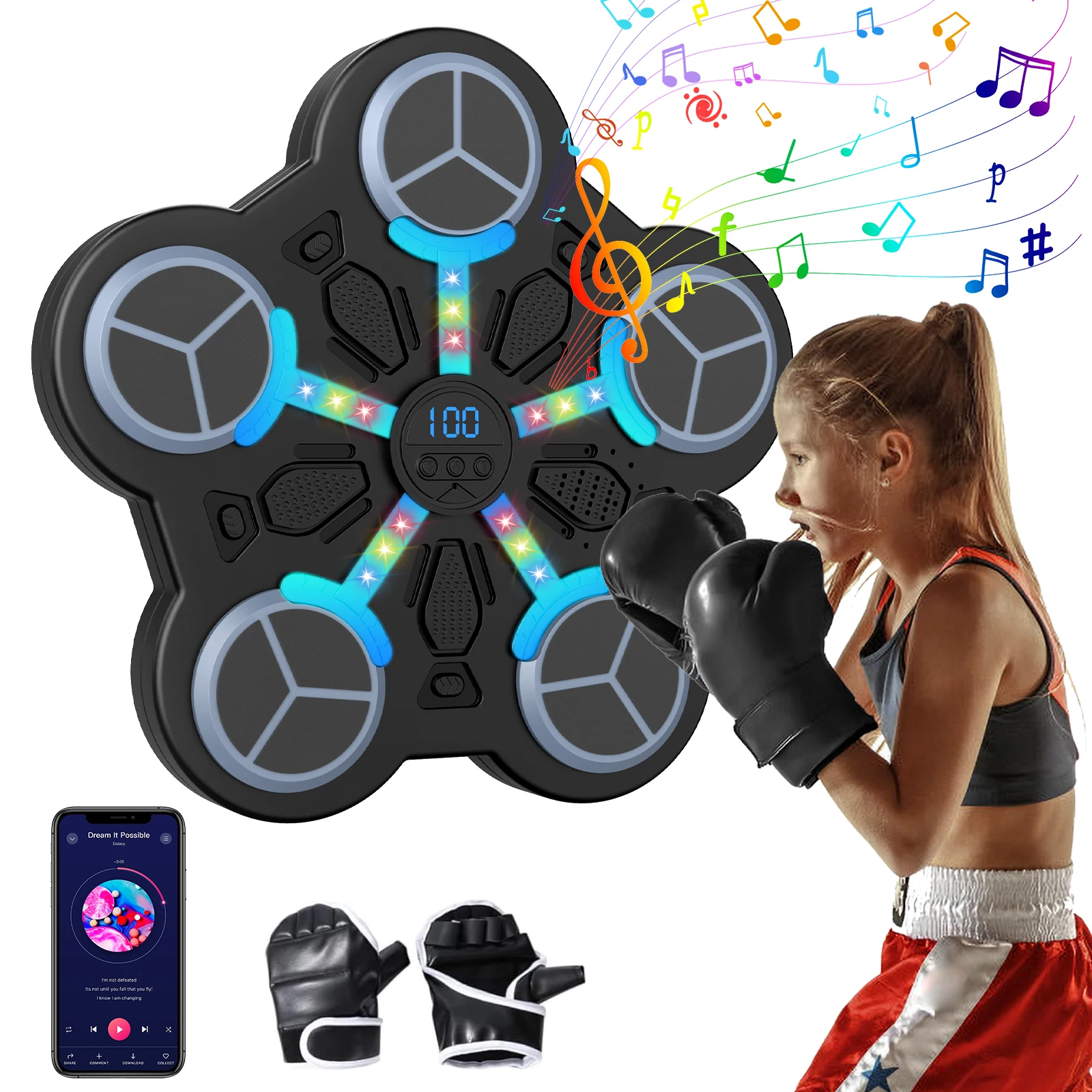 Machine de boxe musicale électronique pour enfants, entraîneur de frappe Bluetooth avec gants, 3 modes de vitesse, affichage LED, multifonction, entraînement de Taekwondo, cible de frappe de réaction pour la maison et la salle de sport
