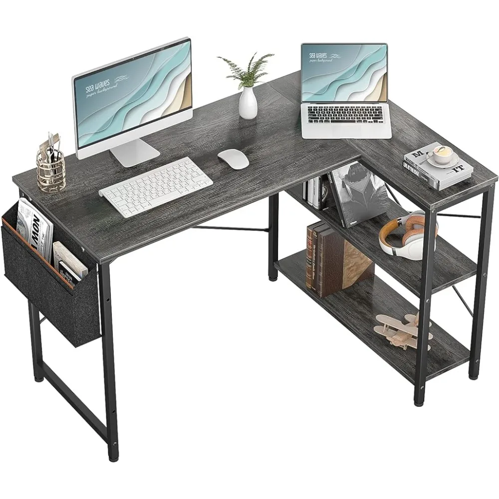 

Small L Shaped Computer Desk, 47 Inch Corner Desk with Reversible Storage Shelves for Home Office Workstation