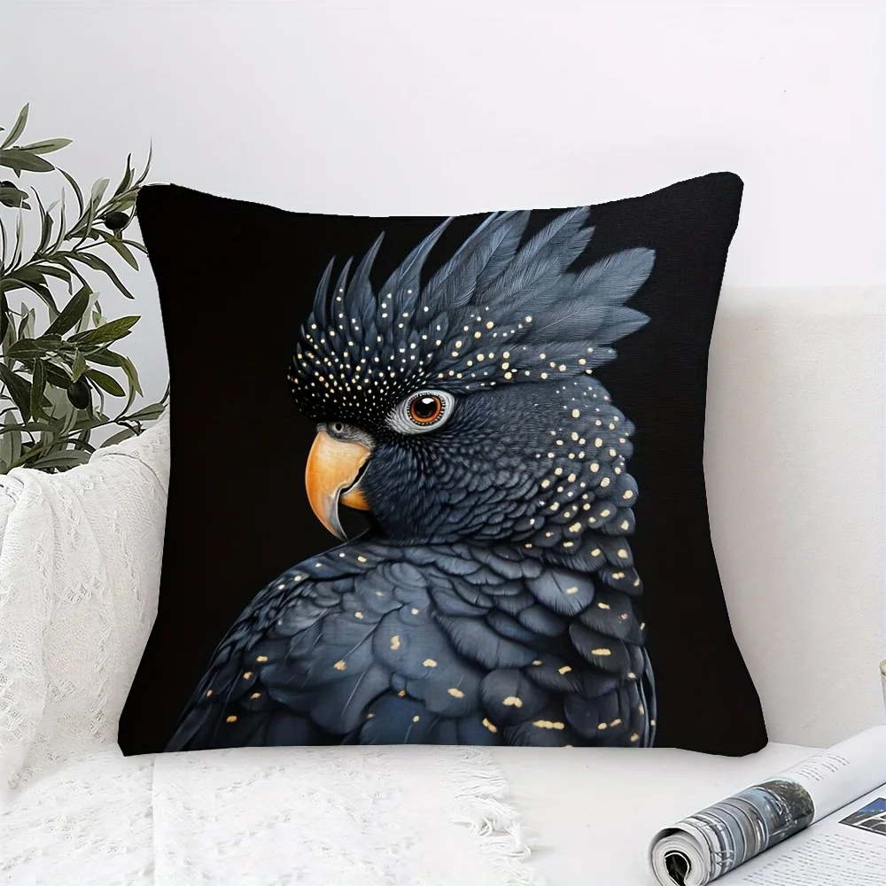 Vibrant Black Parrot Double-Sided Pillowcase, Golden Highlights Bird Pattern Cushion Cover with Zipper, Washable Decor Case